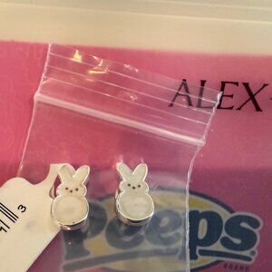 Alex and Ani PEEPS White Pearlized Bunny Earrings, with silver